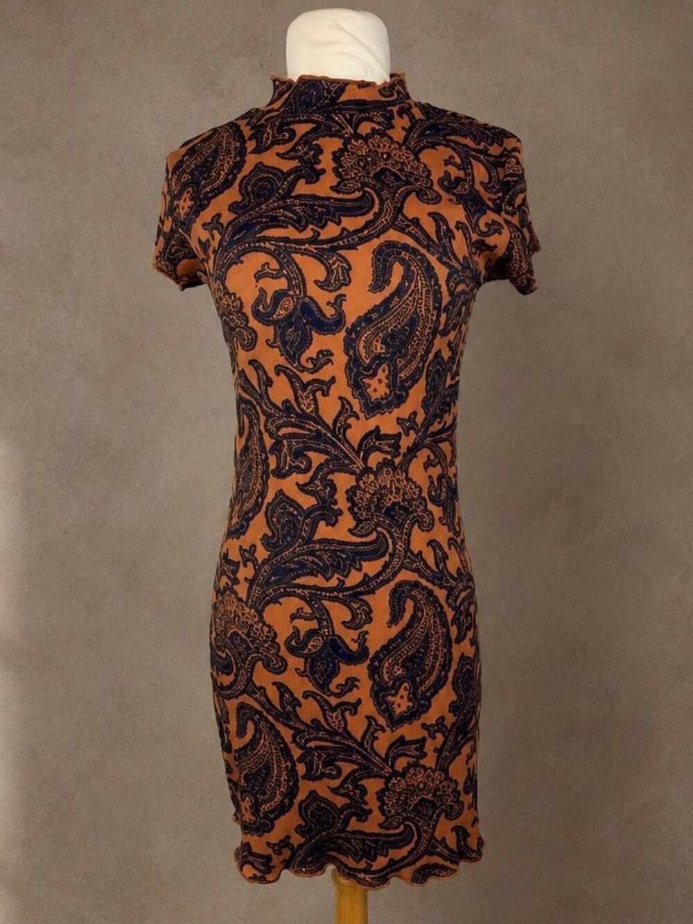 Urban Outfitters Size M Paisley Mock Neck Mini Dress Brown Blue Ribbed Stretch